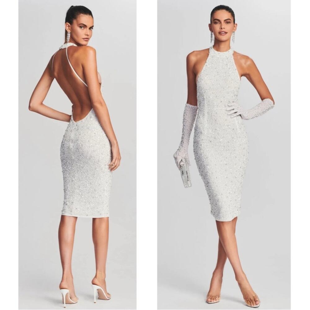 RETROFETE Olivia Sequin Crystal Embellished Beaded White Midi Dress Size Large